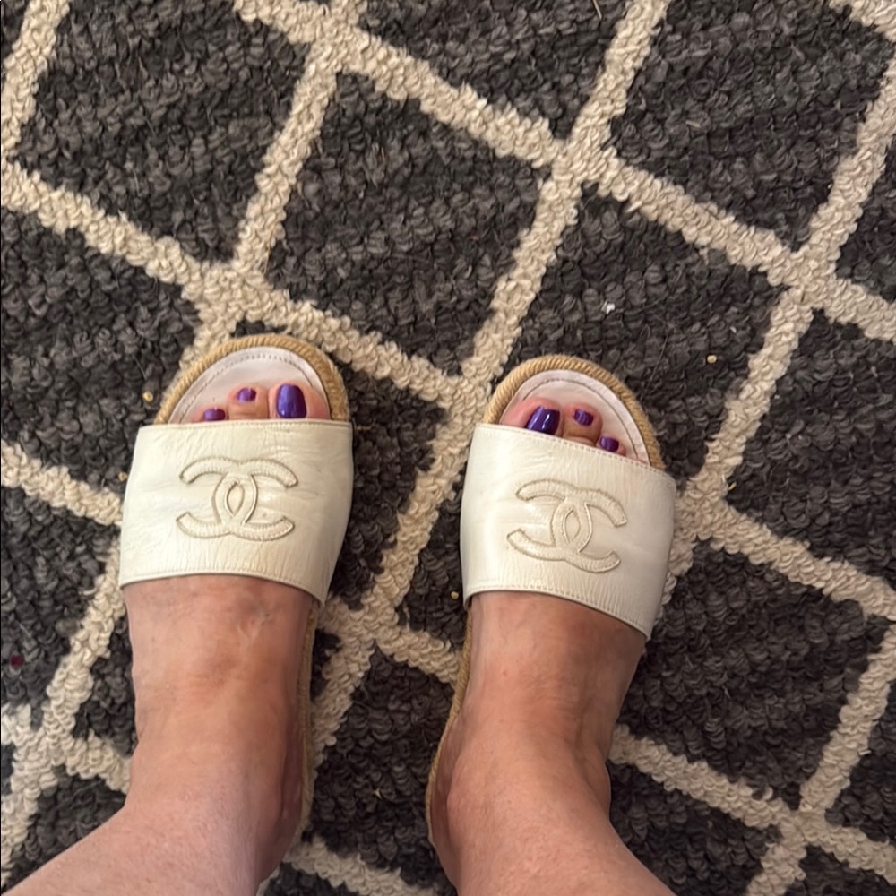 Chanel White Plush Slide Sandals